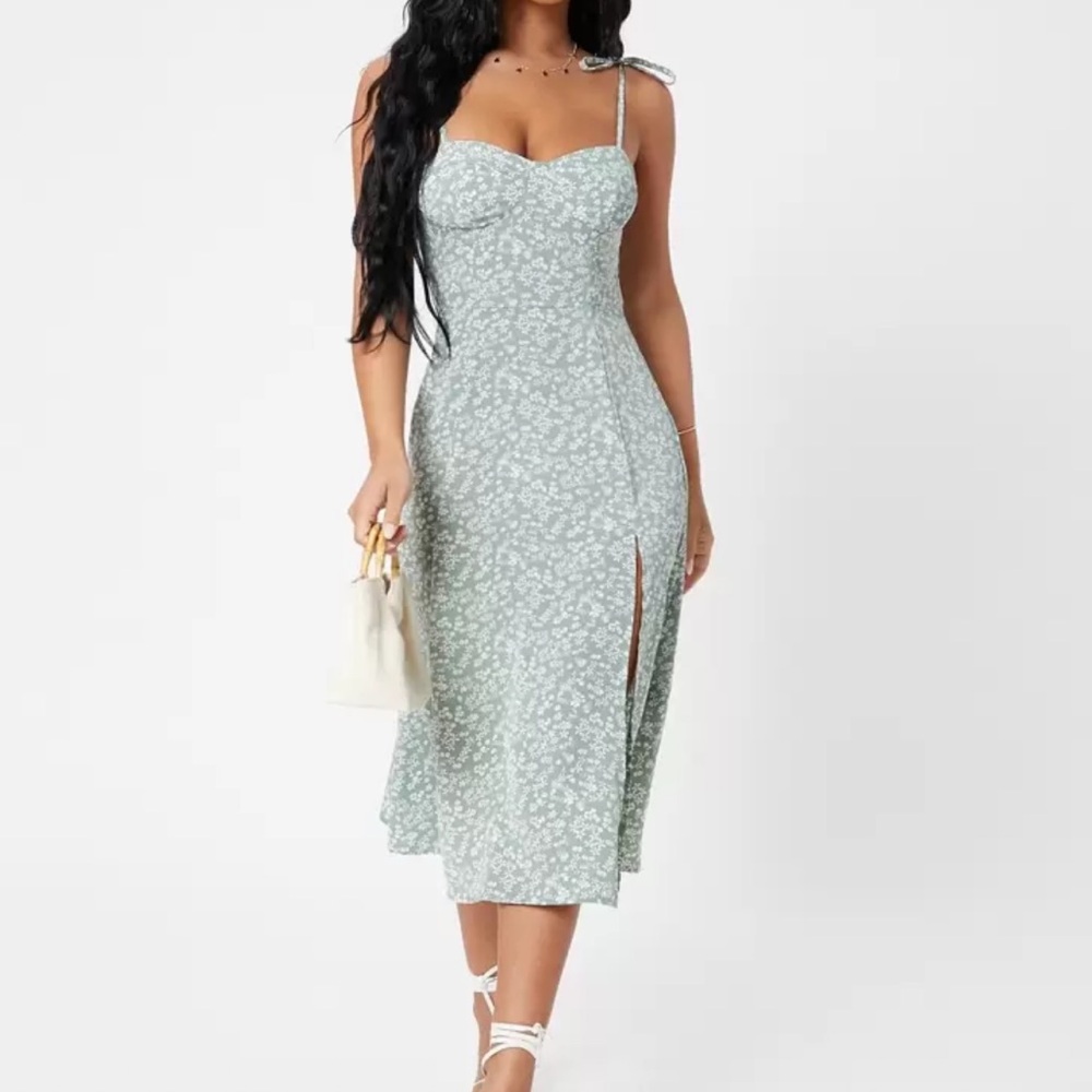 Floral Green Spaghetti Strap Slit Dress